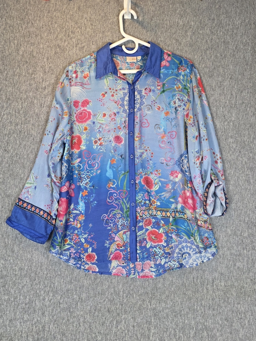 CIENNA The Pearl Silk Floral Blue Pink Top Blouse Wmn's Med